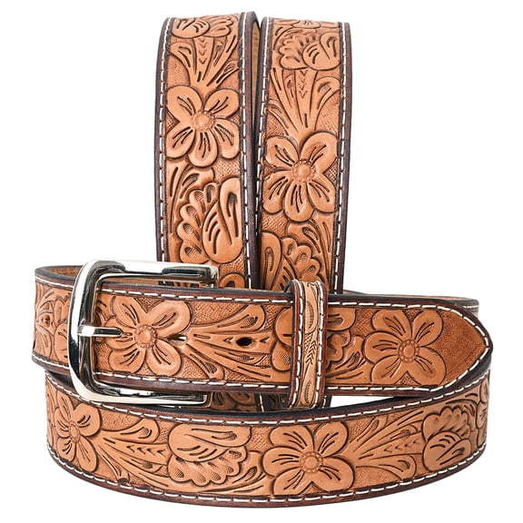 BE BAR H EQUINE 38 In Floral Hand Tooled Western Genuine Leather Belt Brown