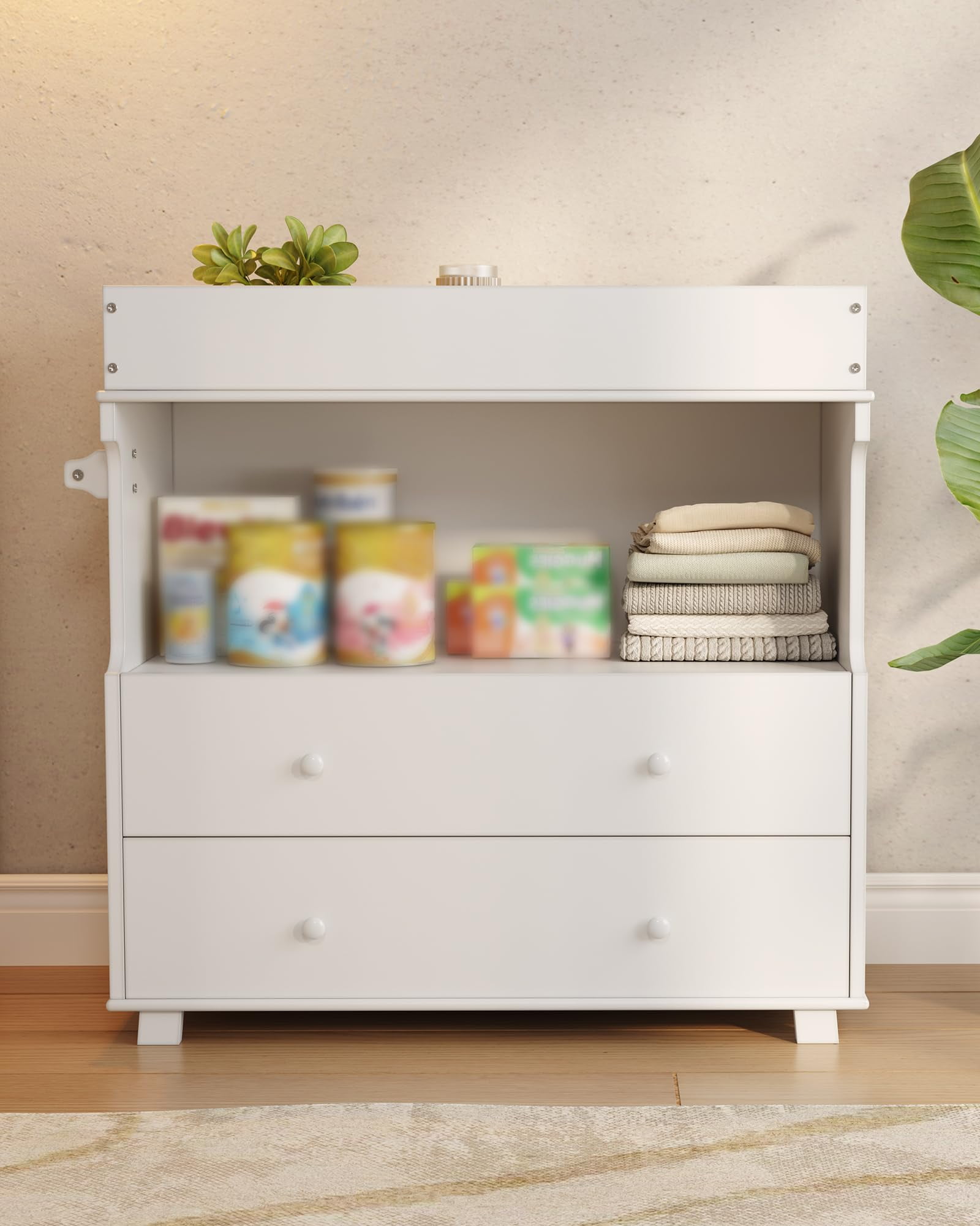 Huisuilinss Changing Table Dresser,Baby Nursery Dresser,Modern Wood Diaper Changing Station With 2 Drawers & Shelves,Multi-Functional Chest Of Drawer For Nursery Room Bedroom Kids Room