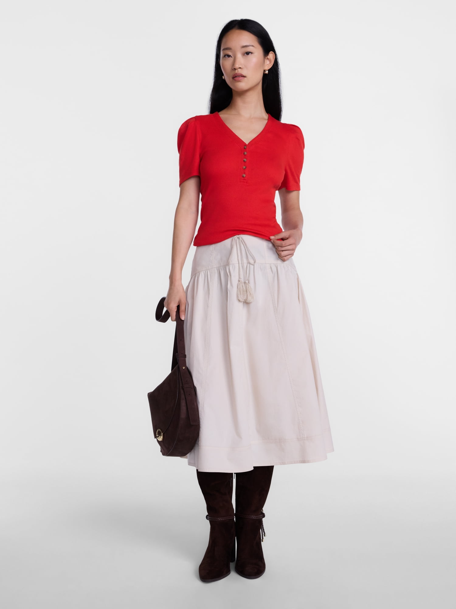 Scenario Women's V-Neck Henley Top with Short Puff Sleeves, Sizes XS-XXXL