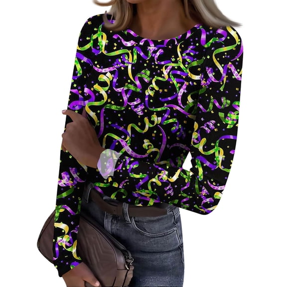 Mardi Gras Shirts Womens Carnival Sparkly Long Sleeve Graphic Tee Sequins Crew Neck Novelty Tunic Tops Green M