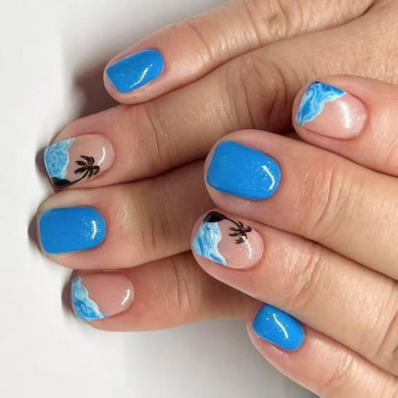 Square Press On Nails Seashore Fake Nails Glues On Nails Artificial Acrylic Nails 24pcs Stick On Nails for Women Girl