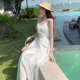 thumbnail image 3 of Vestido de satén con tirantes finos para mujer, vestido elegante de color puro con cuello en V, pajarita, espalda cruzada, para playa, blanco, L, 3 of 8