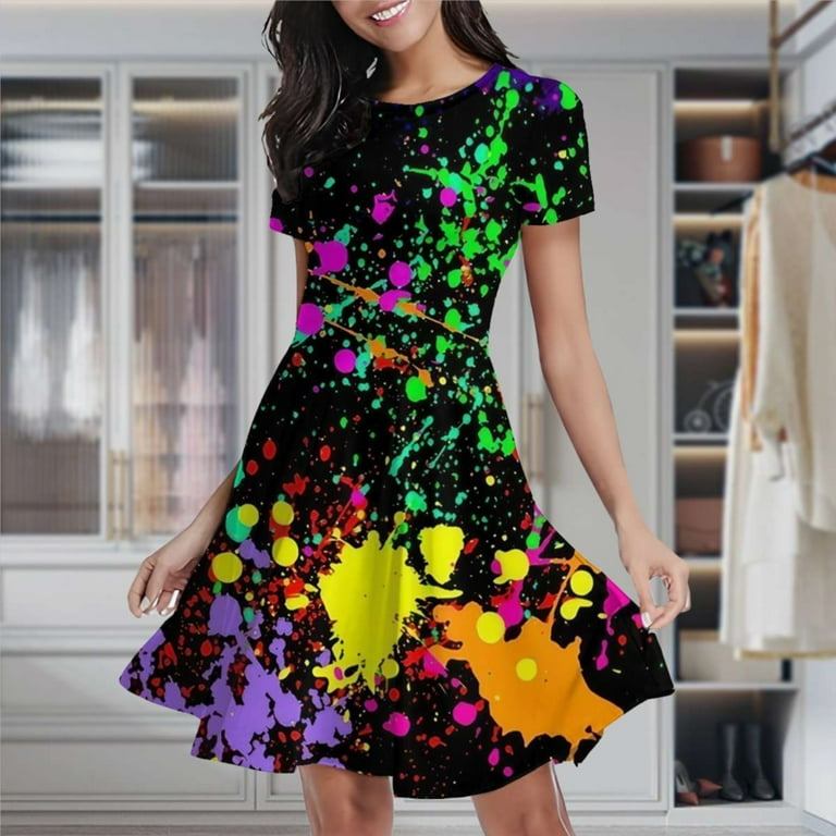 Neon Splatter Paint Women's Classic Swing Skater Dress Casual Work