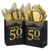 WRAPAHOLIC Medium Size Gift Bags - 12 Pack Cheers to 50 Years Black and Gold Glitter Paper Bags with Gold Tissue Paper for Birthday, Party, Anniversary, Wedding - 8" x 4" x 10"