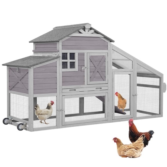 Aivituvin Chicken Coop Mobile Chicken House on Wheels Expandable Wooden Poultry Cage with Large Nesting Box Leakproof Pull-Out Tray Rabbit Hutch Bunny Cage,UV-Resistant Roof，Grey
