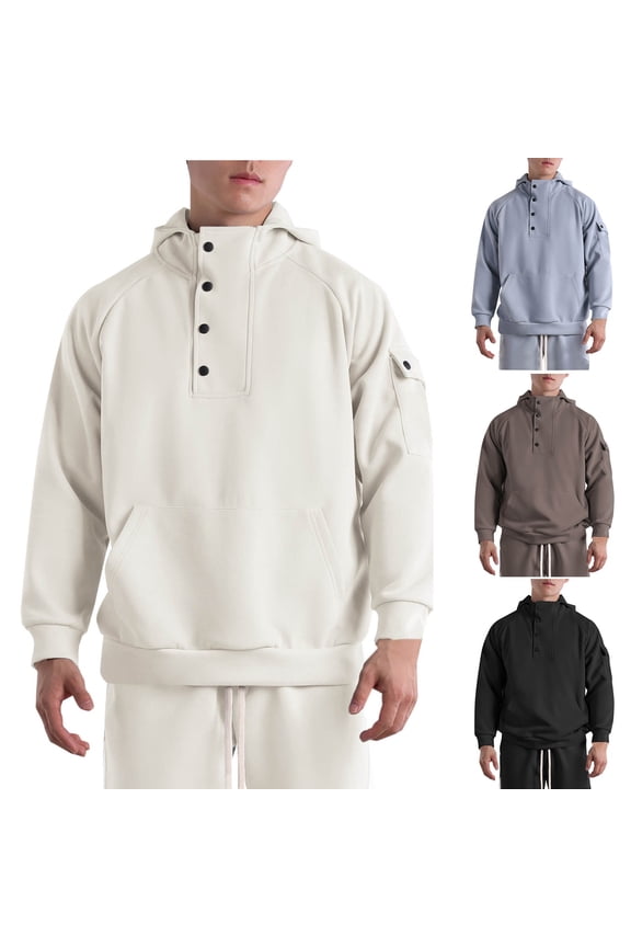 Mens Hooded Pullover Long Sleeve Button Collar Sweatshirts Drop Shoulder Casual Loose Athletic Sweatshirt with Pocket Winter Sale Black XXXL