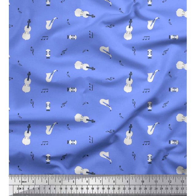 Soimoi Poly Georgette Fabric Notes,Guitar & Saxophones Musical Instrument Print Fabric by The Yard 42 Inch Wide