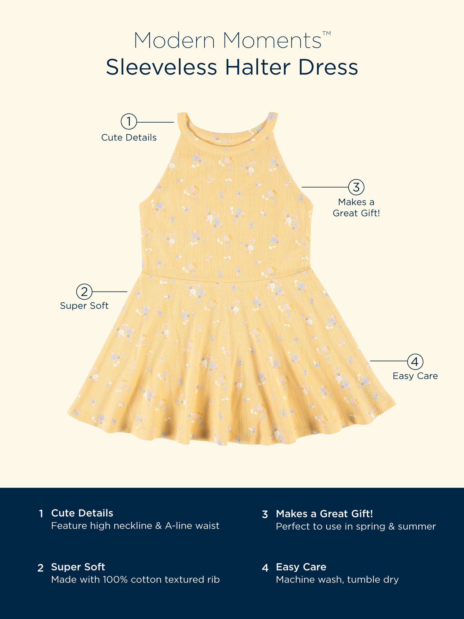 Modern Moments By Gerber Toddler Girl Ribbed Sleeveless Halter Dress, (12 months - 5T)