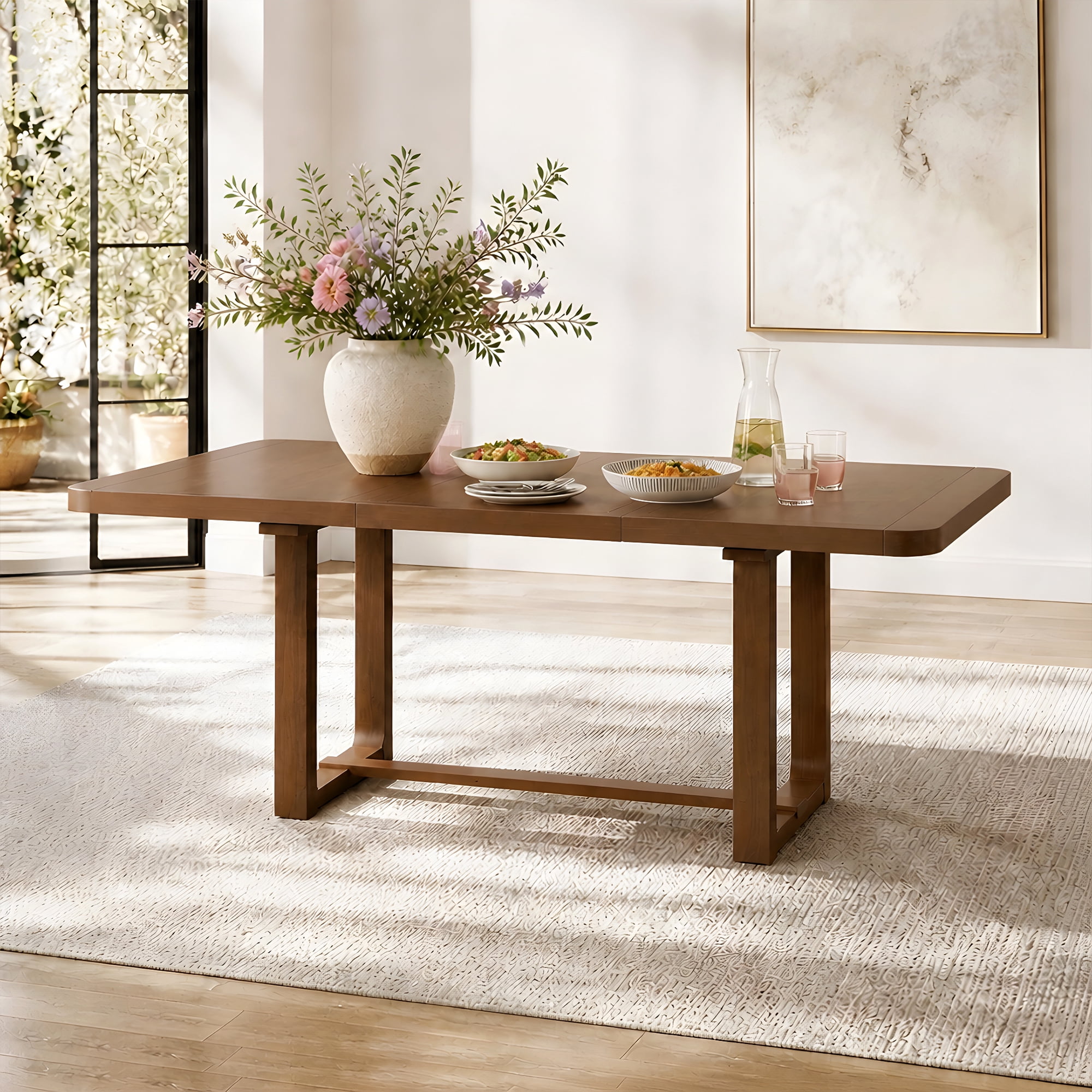 Mintazer 6-Piece Extendable Dining Table Set with 4 Upholstered Chairs & Bench, Rectangular Expandable Kitchen Table with Anti-Scratch Foot Pads, Walnut Brown