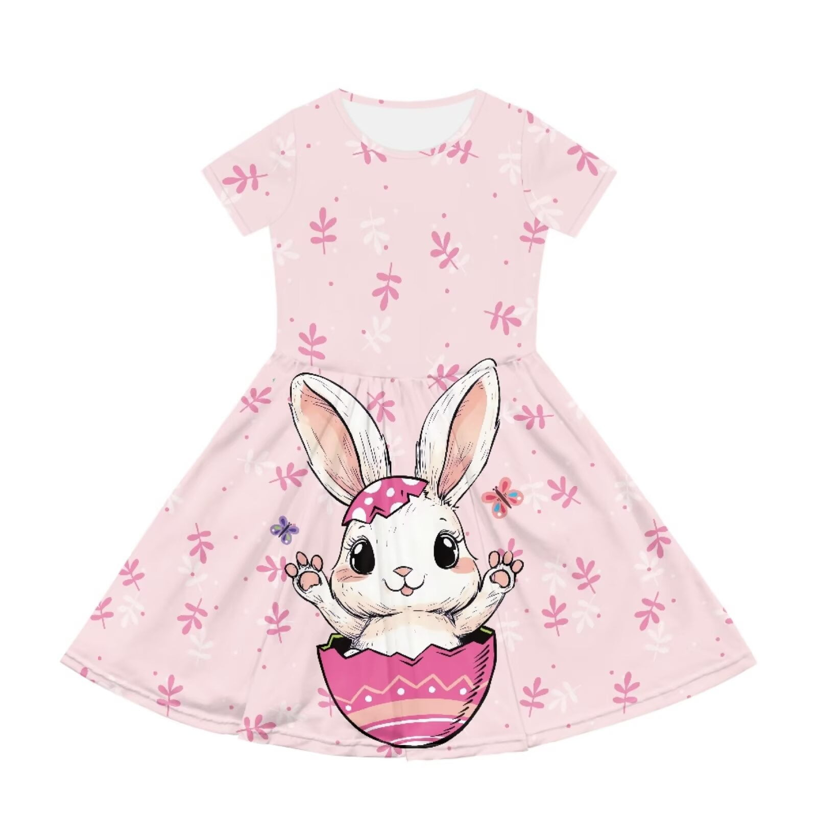 Uourmeti Teen Girls Short Sleeve Dress for Easter Cute Bunny Print Crew Neck Knee A-Line Dresses Lightweight Casual Swing Dress with Pockets