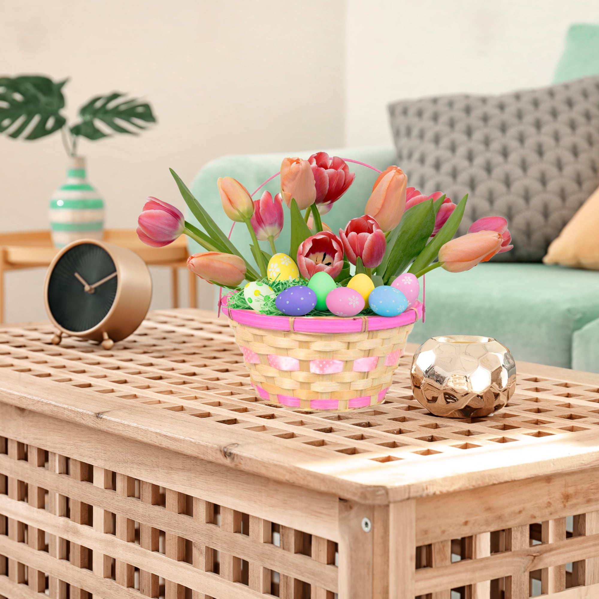 A1 UNLIMITED Bamboo Easter Baskets with Colorful Accents and Hinged Handles, Assorted Pastel Festive Colors Perfect for Picnic Egg Hunting Party Decorations Storage Gifts Stuff Reusable Indoor Outdoor