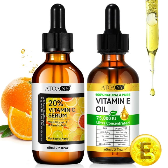 (2 Pack Set) Vitamin C Serum and Vitamin E Oil, Brightening & Moisturizing, Anti-Aging Skincare, 2.02floz