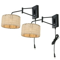 SAFAVIEH Bramley G14 Black Metal Wall Sconce with Light Brown Rattan Shade, Set of 2