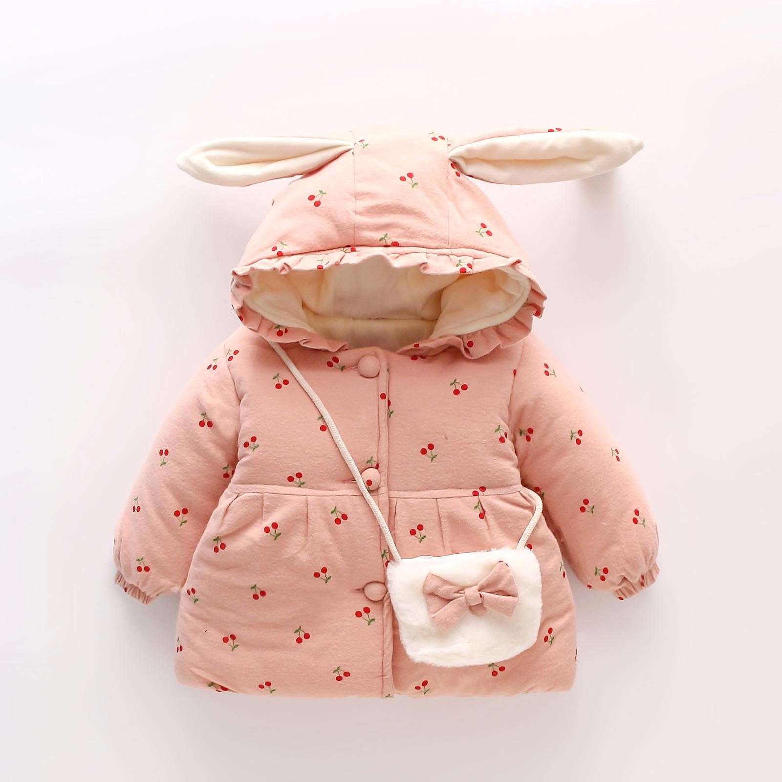 Cute Baby Girls Hooded Coat Jacket Toddler Kids Plush Rabbit Ear Winter Outwear 