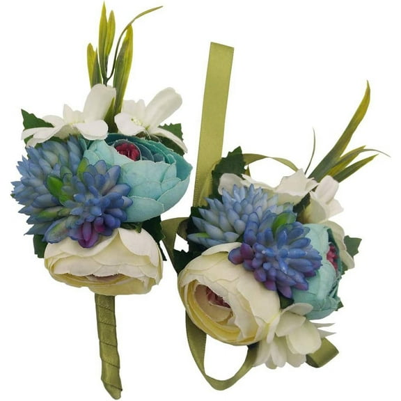 Zhuge Wedding Ribbon Wrist Corsage Brooch Boutonniere Set Artificial Succulent Plant Party Wedding Decoration (Blue 2-Pack)