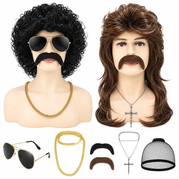 sixwipe 8 Pack 70s 80s Mullet Wigs Set for Men, Disco Wigs with Mustache Glasses and Chain, Kinky Curly/Straight Wigs, Funny Costume Wigs for Rocker Hippies Halloween Cosplay Party