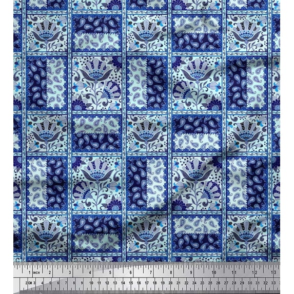 Soimoi Moss Georgette Fabric Check,Floral & Paisley Patchwork Printed Craft Fabric by The Yard 42 Inch Wide