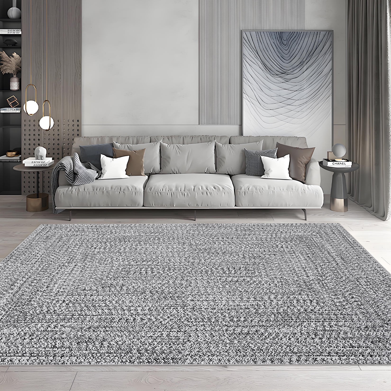 Haperlare Machine Washable Braided Rugs for Living Room Solid Woven Print Low Pile Soft Area Rugs Home Office Bathroom Rugs Grey Carpet,9'x12'