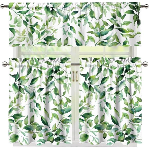 Spring Green Leaf Kitchen Valance & Tier Set | Small Half Window Curtain | 35.8" Length | 54" x 18" Valance | Decorative for Cafe Windows