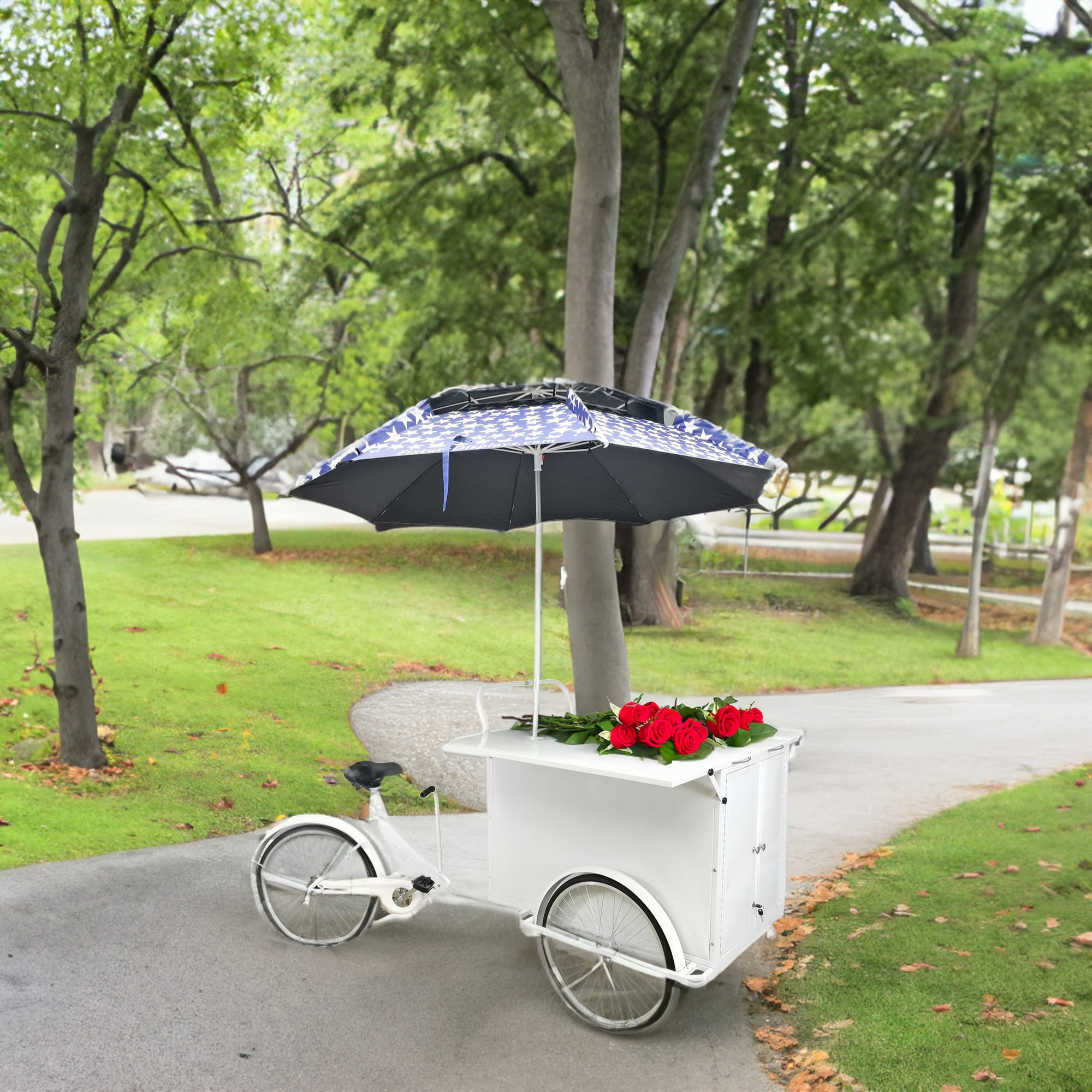 Fixturedisplays 24 Tire 90 X 51.5 X 41 White Vending Trike Mobile Food Beverage Bike Cart White Blue Star With 86.6 Umbrella 10165 Walmart