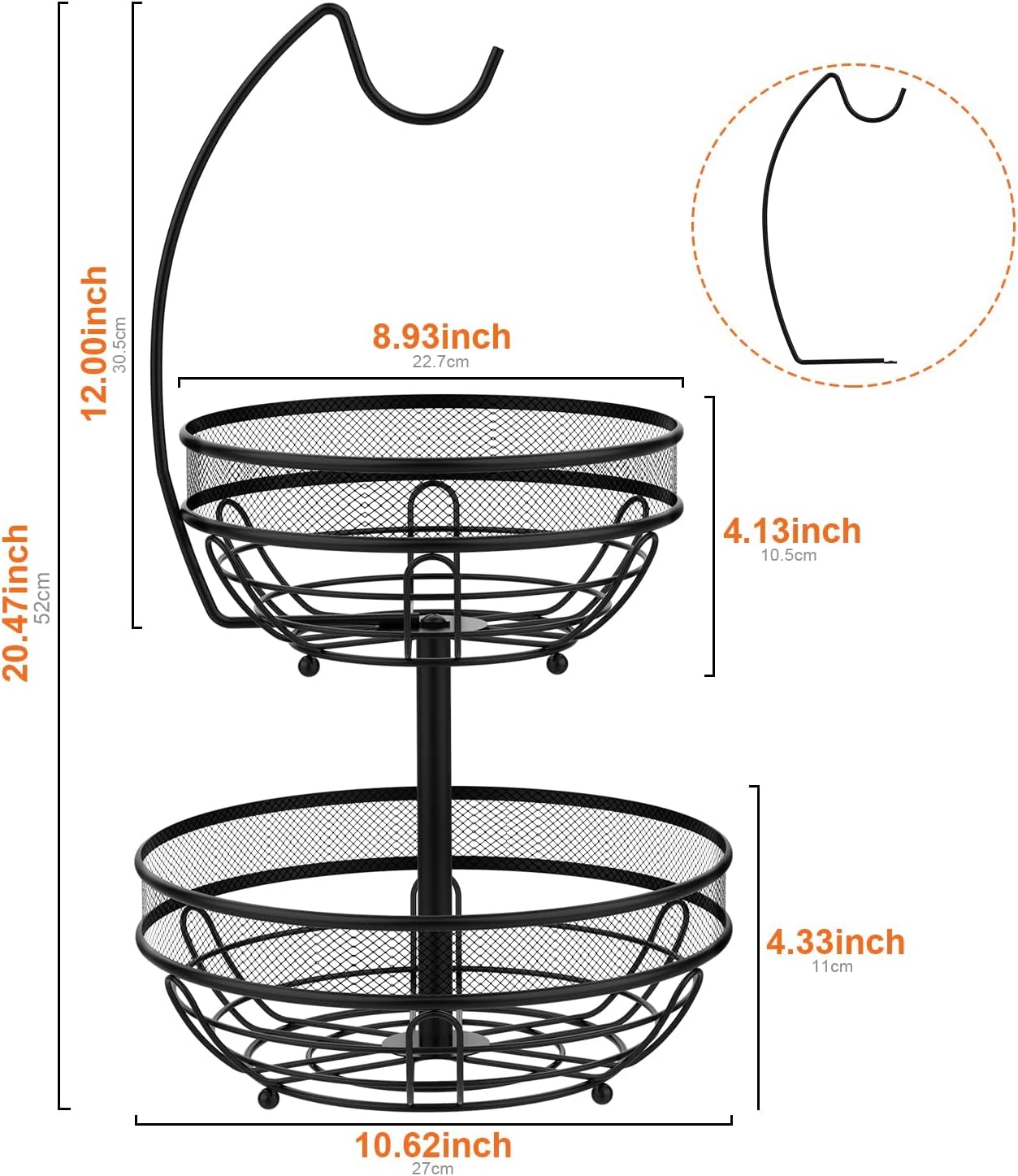 Fruit Basket, Fruit Bowl 2 Tier Fruit Rack for Kitchen, Fruit Bowl for Kitchen Counter, Detachable Fruit Holder with Banana Hanger - Black