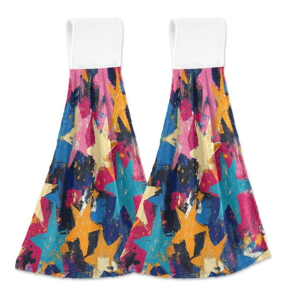 BZSMCE Hanging Hand Towels Fashion Colorful Starburstes Pattern 2-Pack - Velcro Style Bathroom Kitchen Towels