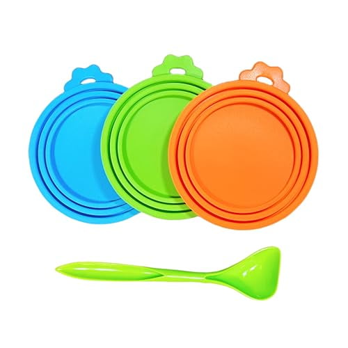 Pet Food Can Covers Silicone Lids for 3-15 oz Cans,3 Inner Diameters 2.6”/3”/3.4” Fit for Most Cat & Dog Food Cans/Tins,BPA Free,Reusable (set of 3 lids 1 spoon)
