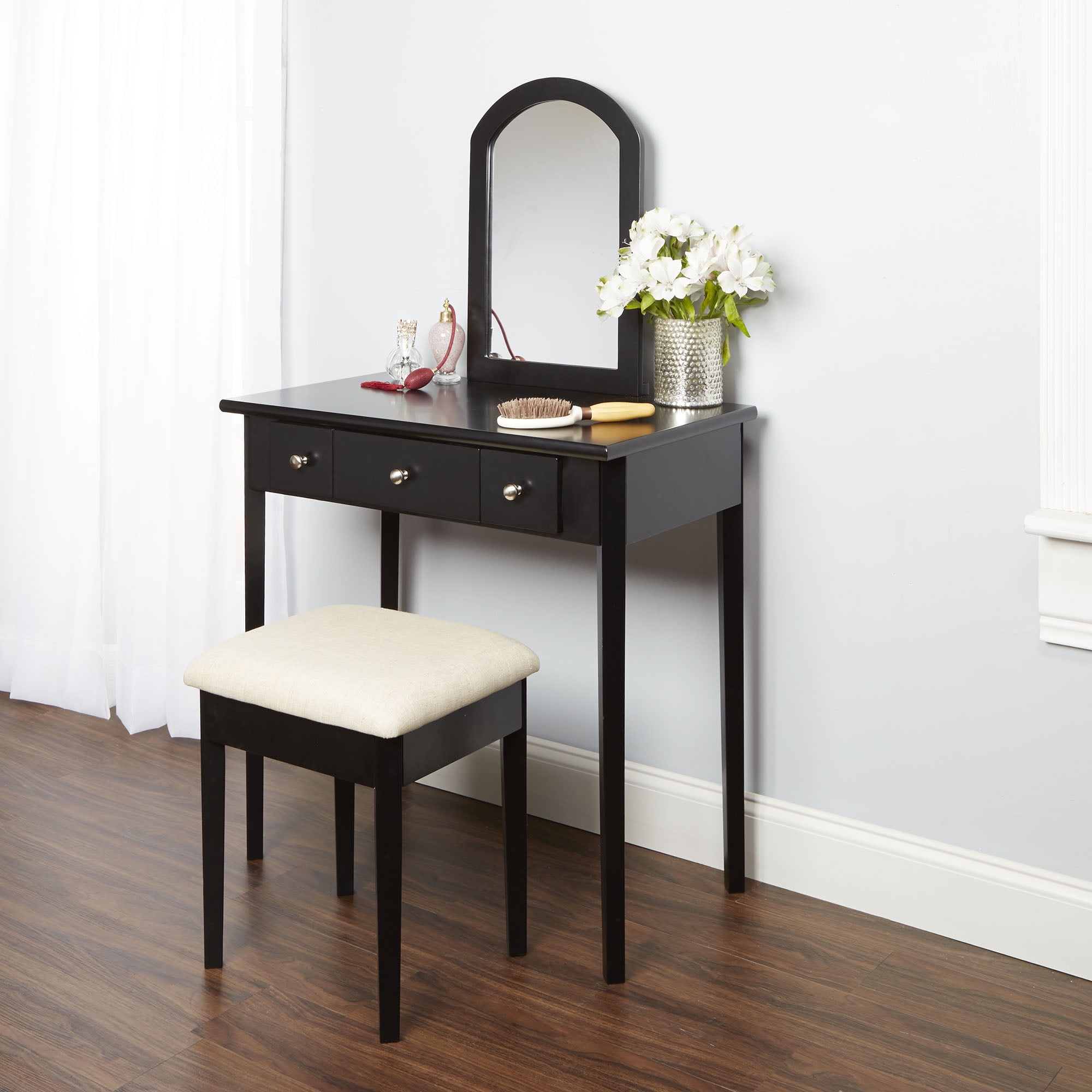 Mainstays Mirror Vanity With Bench Powered Outlet And 2 Usb Ports Black Walmart Com Walmart Com