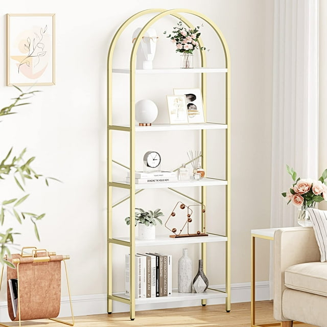 Bookshelf 5 Tier Bookcase Arched Display Racks Tall Standing Bookshelves Metal Frame Modern Storage Rack Shelf Large Wood Book Shelf for Bedroom, Living Room, Home Office, White/Gold