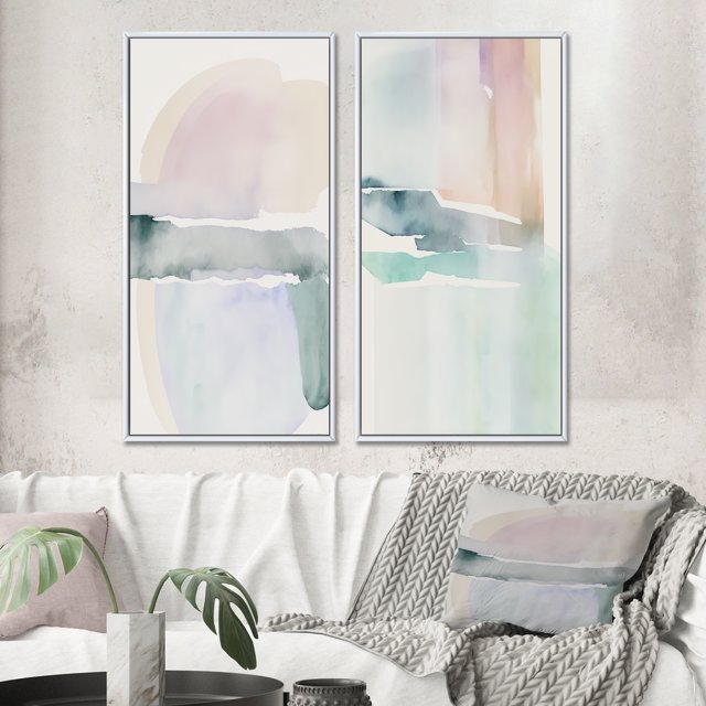Designart "Pastel Tranquility in Serene Shades I" Abstract Liquid Ink Framed Wall Art Set Of 2 - Modern Blue Frame Gallery Set For Office Decor