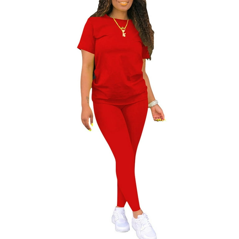 Niuer Women Short Sleeve Tops and Leggings Pants Solid Color 2 Piece Outfit  Jogger Sets Short Sleeve Fitness Plain Loungewear Sweatsuits 