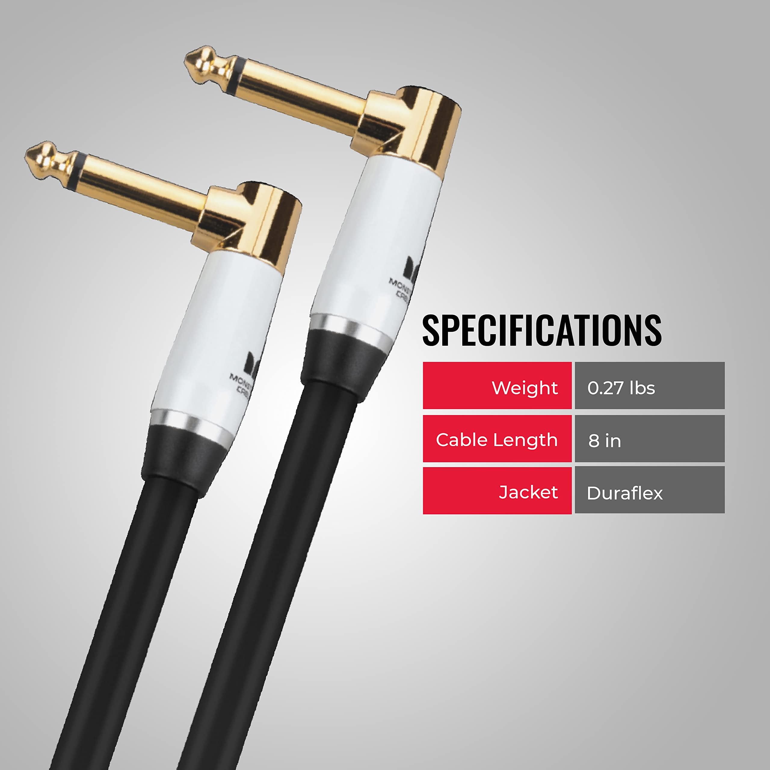 Monster Prolink Studio Pro 2000 Instrument Cable - 24K Gold Contacts, Multi-Gauge Wire Networks, and MultiTwist Construction with 95% Copper-Braid Shielding, 8 in Cable Right Angle to Right Angle