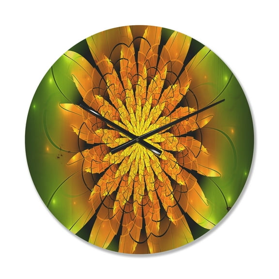 Designart 'Fractal Bright Yellow Flower on Green ' Modern Wood Wall Clock