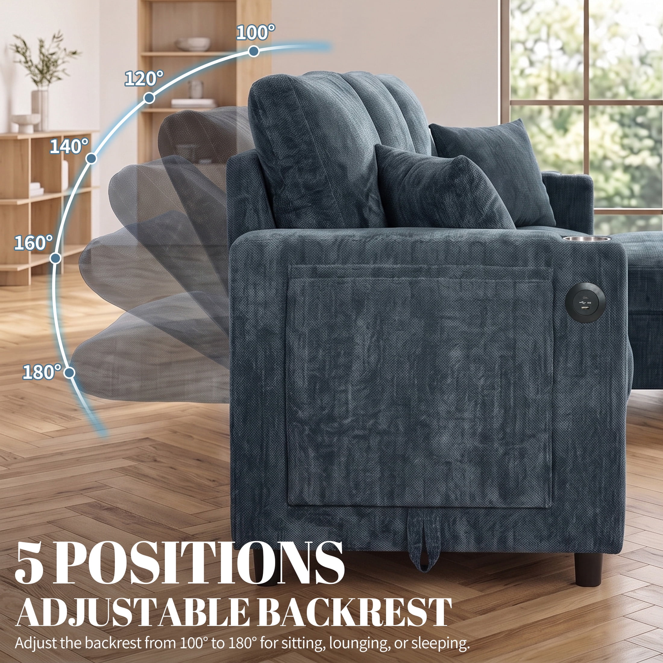 Aukfa 81" L Shape Sleeper Sectional Sofa Bed, Chenille Convertible Couch with Storage Chaise, Side Table & USB/Type-C Ports,Blue