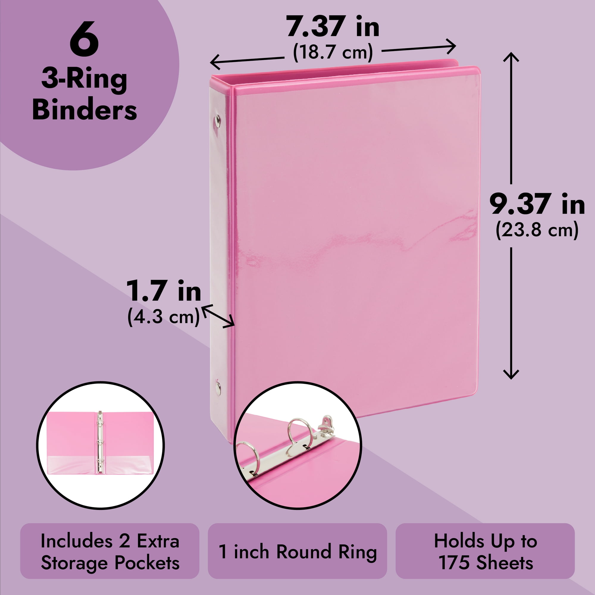 6 Pack Mini Pink 3 Ring Binder for 5.5 x 8.5-Inch Paper, 1-Inch Round Rings, School and Office Supplies