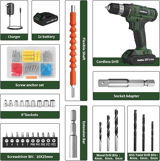 Cordless Drill Set, 20V Lithium-Ion Power Drill Kit with Battery and Charger, 3/8-Inch Keyless Chuck, 22 Torque Settings, Variable Speed, Includes 60 Drill Bits and Sockets for Home DIY Projects