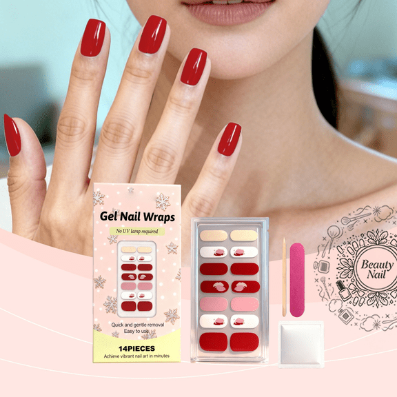 Gel Nail Wraps Kit, 14 Pcs No UV Lamp Required Soft Gel Nail Strips, Mixed Red Pink Nude Color DIY Self‑Adhesive Nail Stickers, Complete Manicure Kit for Nail Art Decorations & Manicure Supplies
