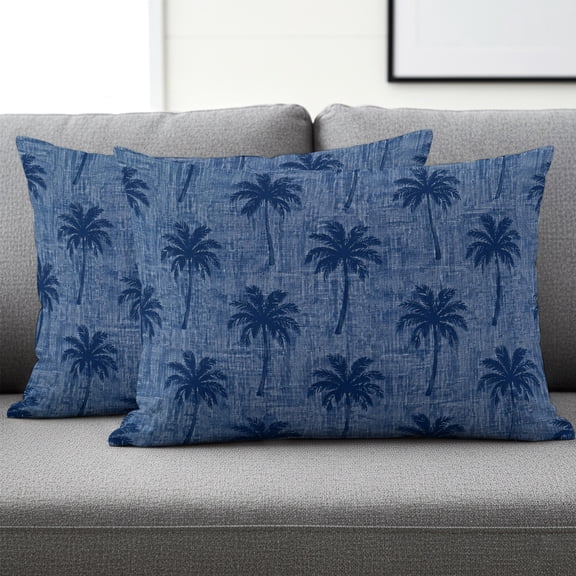 Set of 2 Navy Blue Palm Trees Pillow Covers 12x20 Inch, Botanical Tropical Leaves Rustic Texture Decorative Throw Pillow Cases Cotton Cushion Covers for Sofa Couch Bed Living Room Bedroom Home Decor
