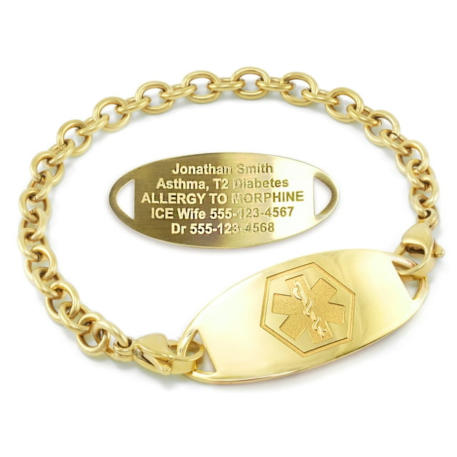 MedicEngraved Yellow Gold Stainless Steel Custom Medical Alert Bracelet - 5mm Oval Link