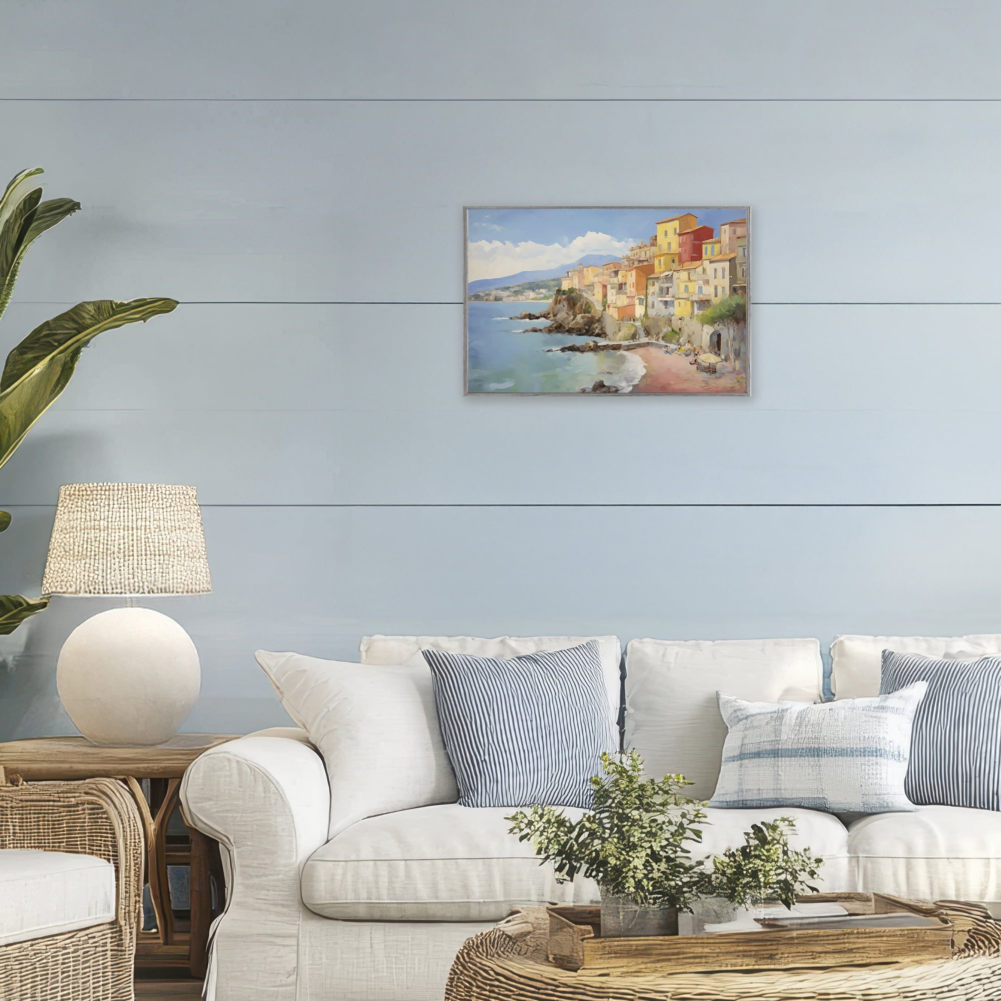 Stupell Industries Colorful Coastal Town by Sea Gray Framed Giclee Art, design by Creative Studio