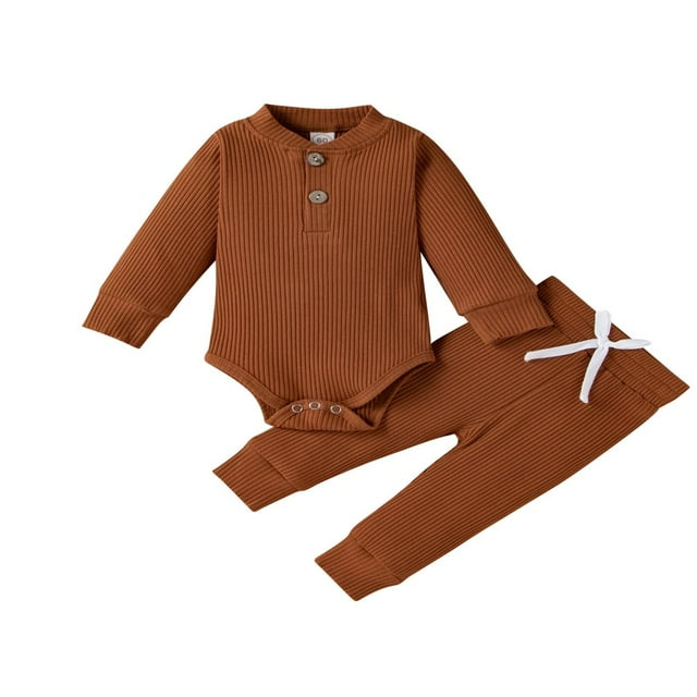 Newborn Baby Girl Boy Spring Fall Clothes Ribbed Cotton Solid Color Long Sleeve Romper Jumpsuit+Pants Outfits Set