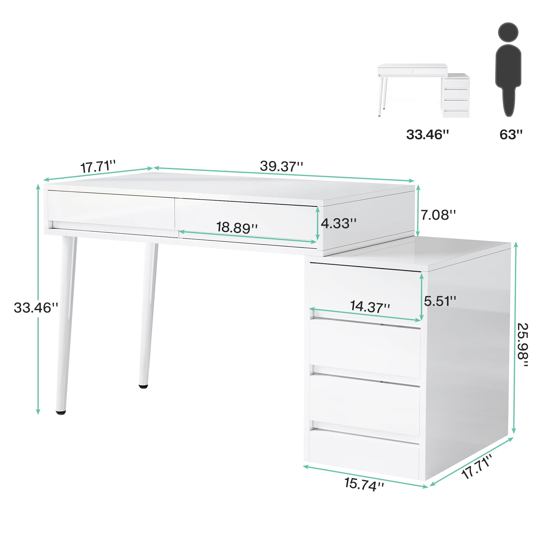Tribesigns White Desk with Drawers, Modern Home Office Desk with Storage Drawers and Printer Stand, Reversible Computer Desk Vanity Desk for Bedroom, Living Room