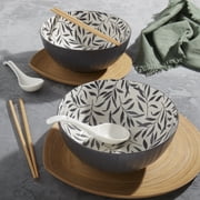 INFUSE 8 Piece Set Large Stoneware Ramen Bowl Noodles Pho Soup Dinner with Chopsticks Plates/Lids, Gray Leaves