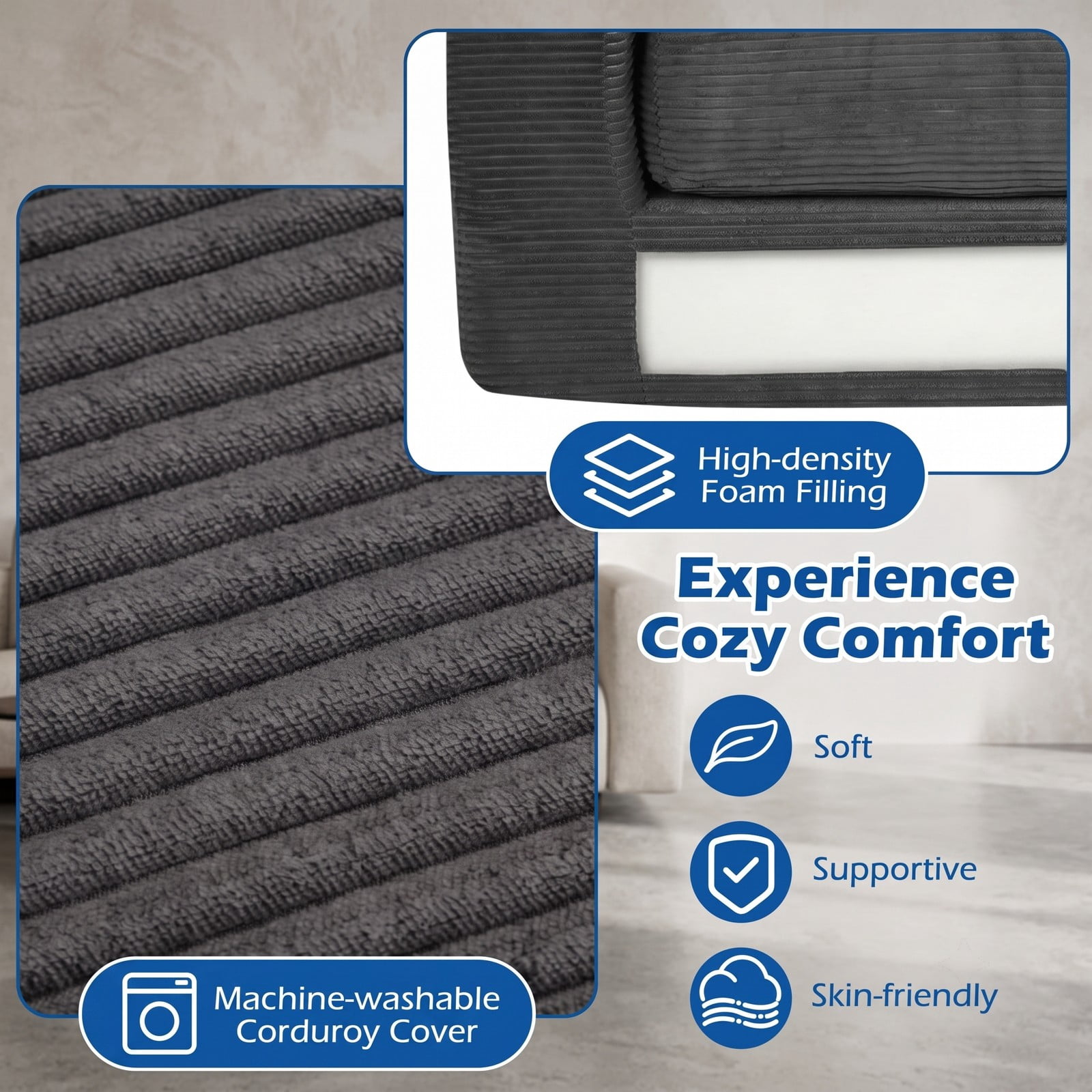 Furnibear 2-Seater Floor Couch Loveseat, Convertible Foam Sofa Lazy Couch with Removable Corduroy Cover, High-Density Sponge Filled Sofa Bed for Living Room, Black