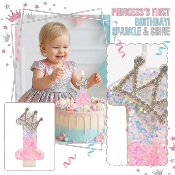1St Birthday Girl Cake Topper Candle Pink Iridescent Princess Crown First Birthday Decorations for Student Girl Birthday Party Supplies
