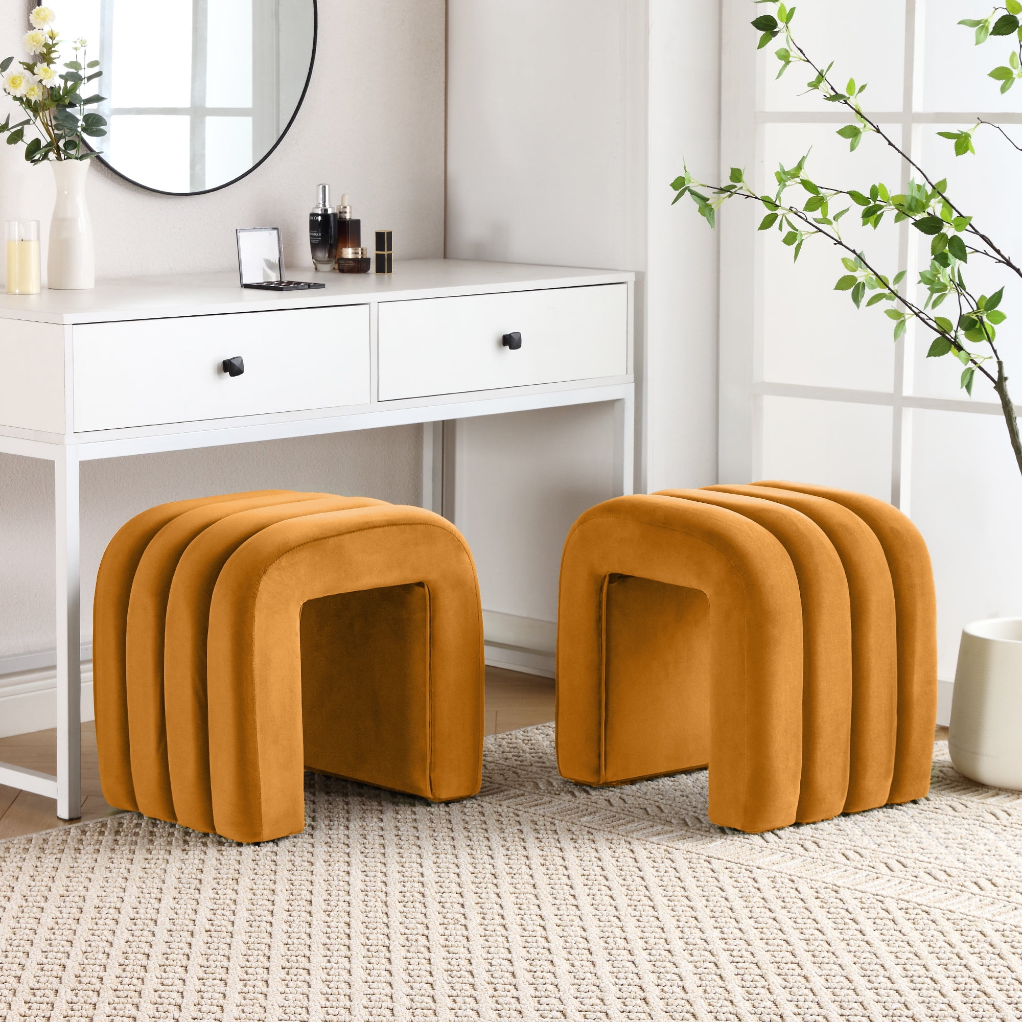 Zesthouse Multi-Functional Ottoman Stool, Tufted Velvet Foot Stools Ottoman for Couch, Modern Vanity Stool for Living Room, Bedroom and Entryway, Orange