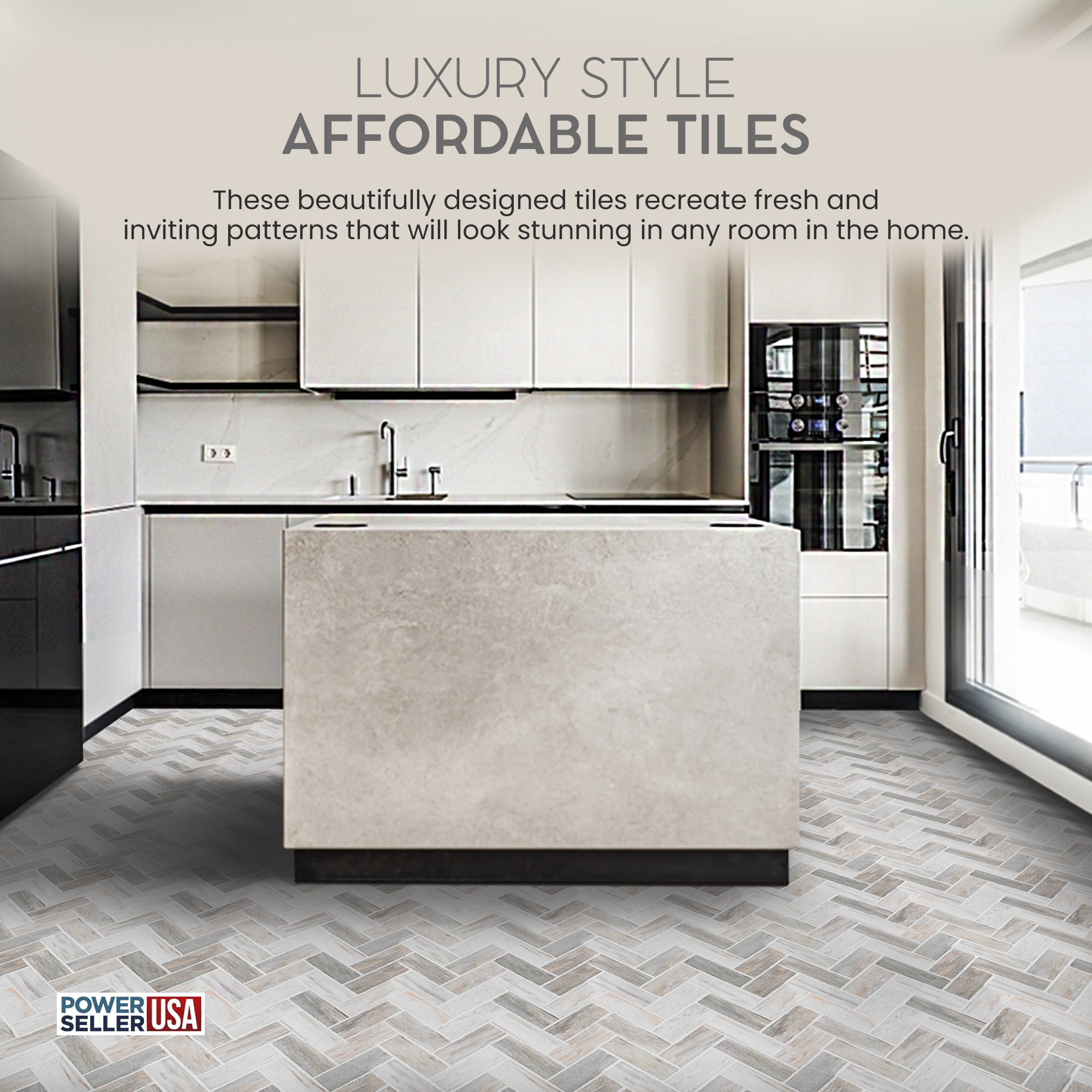 PowerSellerUSA Self-Stick Vinyl Modern Geometric Floor Tiles Ultra Durable 1.5mm Thick Tiles, 1-Pack/20 Square Ft., 12" x 12", Gray Herringbone