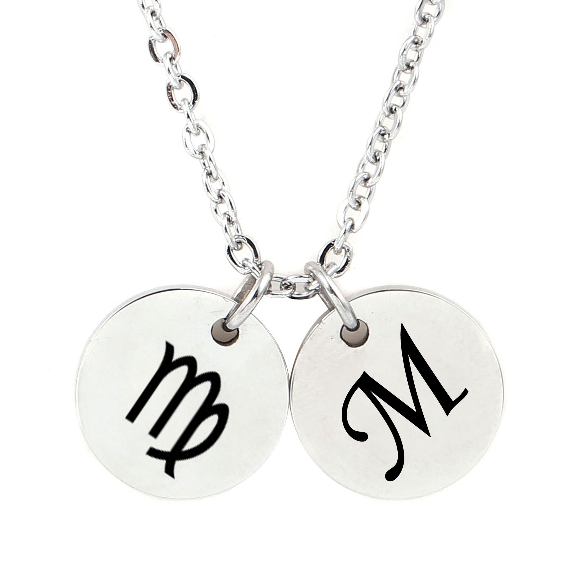 Personalized Round Constellation Initial Necklace - Engraved Zodiac Symbol Jewelry - Christmas Gift for Her - Stainless Steel - 18" Chain - Silver Virgo