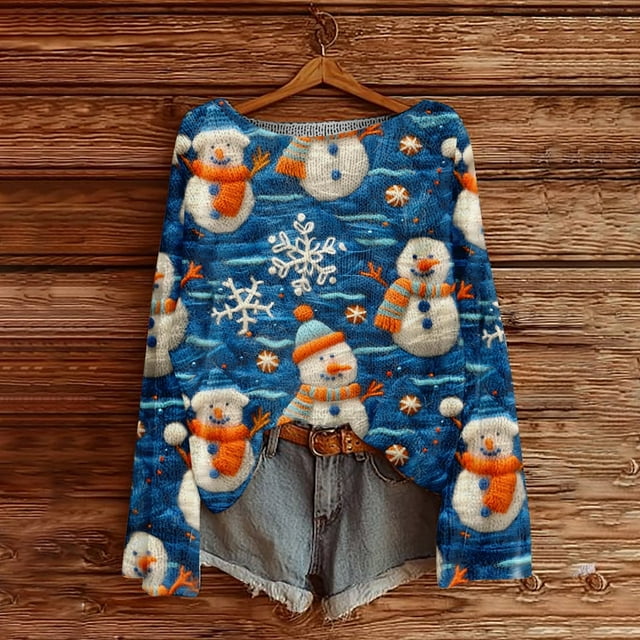 Chandails d'Hiver Grande Taille pour Femmes Mode Décontractée Imprimé de Noël Chandail à Manches Longues Bleu G