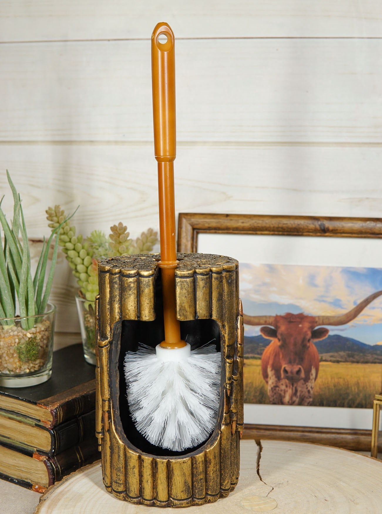 Western Military Rifle Ammo Shells Gold Tone Bullets Toilet Brush and Holder Set